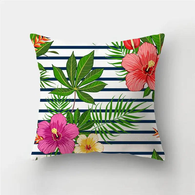DecorBites™ vibrant tropical floral cushion covers with love heart print and navy stripes for heart print sofa decor