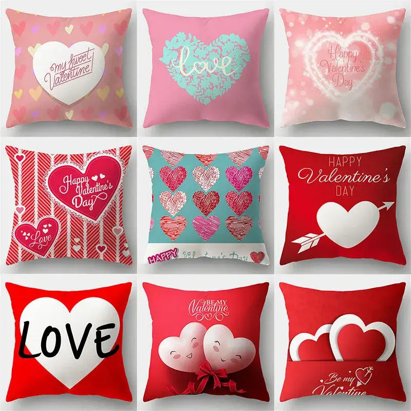 Set of nine DecorBites love heart print cushion covers in pink red and teal for valentine’s day sofa decor