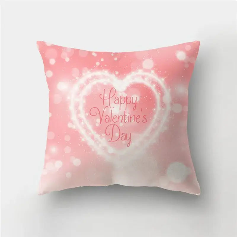 Decorbites™ pink cushion covers with white love heart print and happy valentines day text for sofa decor