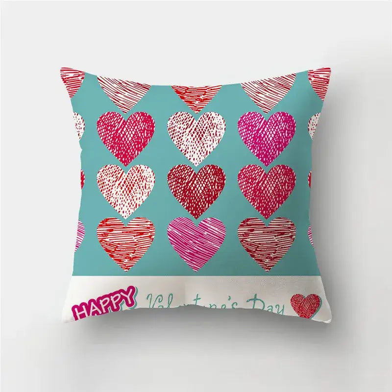 Teal DecorBites™ cushion covers with love heart print and happy valentine’s day text for heart print sofa decor