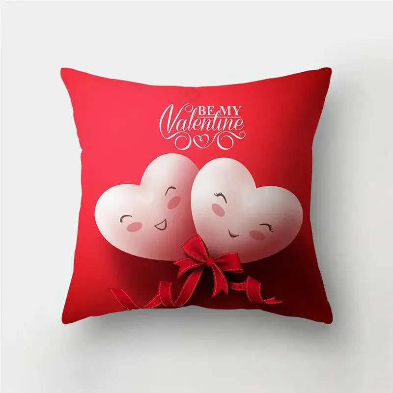 Red throw pillow with love heart print cushion covers featuring two smiling hearts and be my valentine text