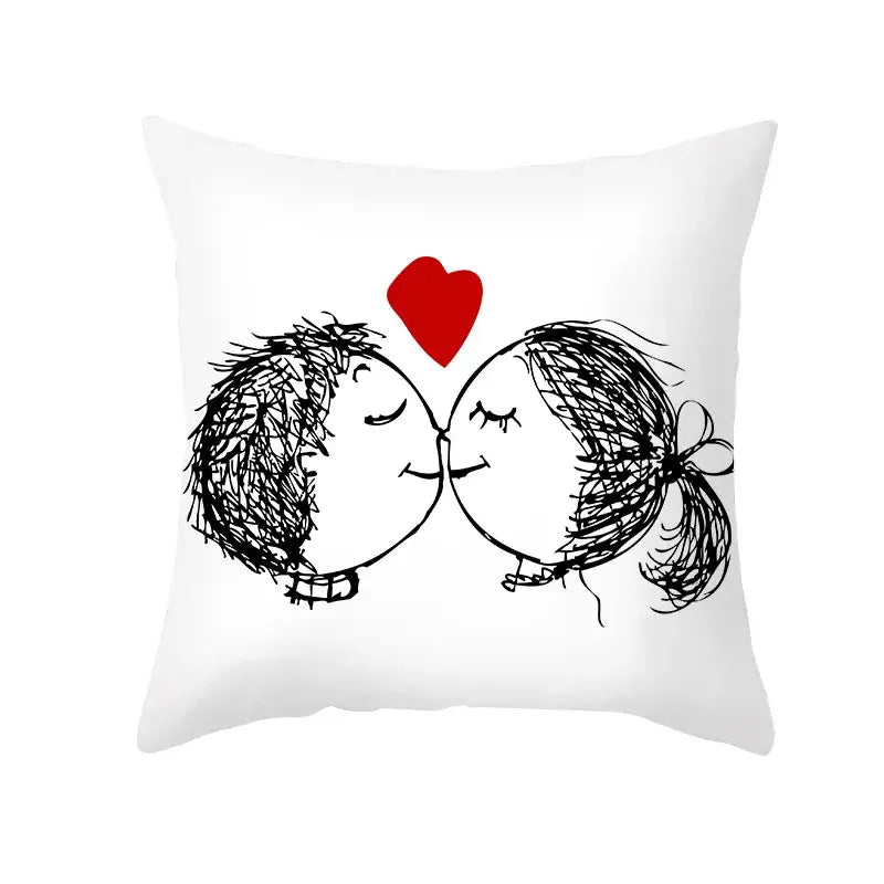 White square pillow cover with love heart sketch of kissing couple printed on peach skin material 45x45cm