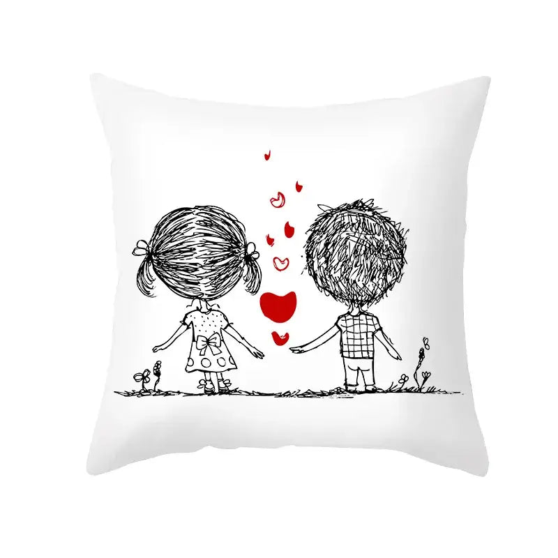 Decorbites™ white pillow cover with black and white love heart sketch of children holding hands in peah skin print