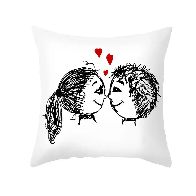 White square pillow cover with black love heart sketch of cartoon lovers kissing and red hearts on peah skin print