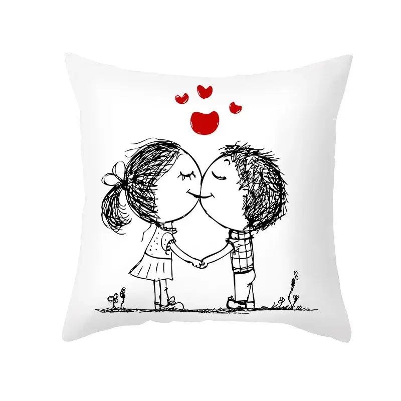 White square pillow cover featuring a black ink love heart sketch of cartoon lovers kissing with red hearts print