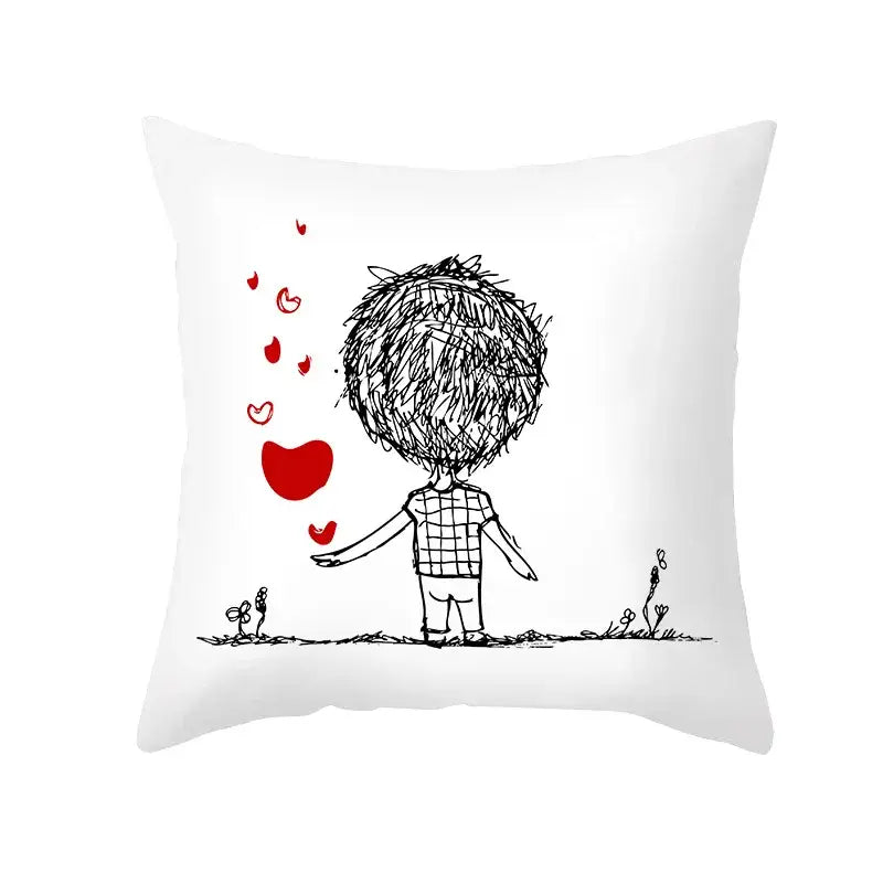 White square pillow cover with black ink child sketch and red love heart print on smooth peah skin fabric