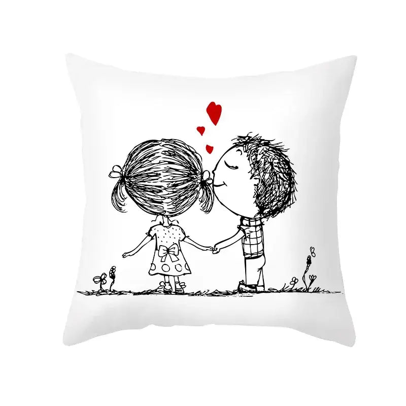 White square pillow cover with black-and-white love heart sketch of children kissing accented with red hearts peah skin print