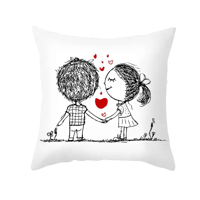 White square pillow cover with black and red love heart sketch of children holding hands on peah skin print