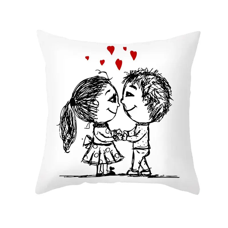 White pillow cover with black-and-white love heart sketch of children holding hands printed on peah skin fabric