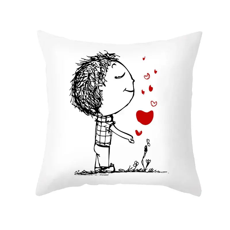 White decorbites pillow cover with black and red love heart sketch of boy blowing kisses on peah skin fabric