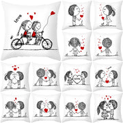 White square pillow cover with black and red love heart sketch couple illustrations on peach skin fabric 45x45cm