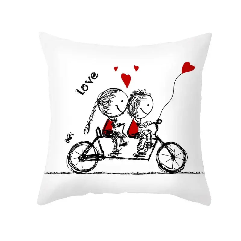 White pillow cover with black and red love heart sketch of couple riding tandem bicycle printed on peah skin fabric