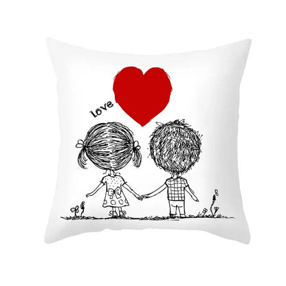 White peah skin pillow cover with a black ink love heart sketch of children and a bold red heart love design