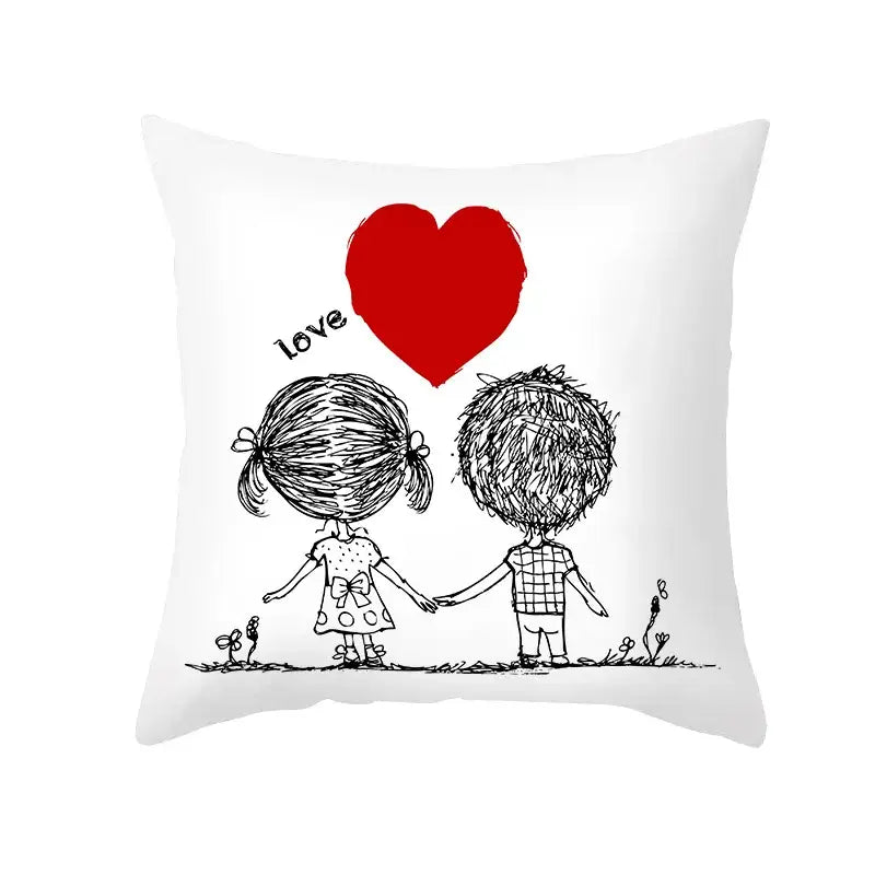 White peah skin pillow cover with a black ink love heart sketch of children and a bold red heart love design
