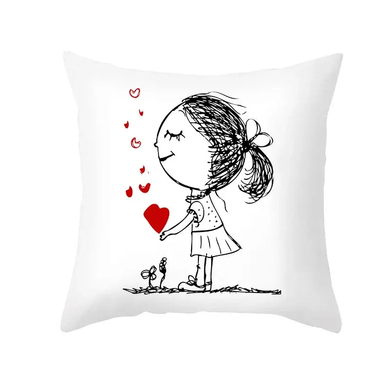 White square pillow cover with black and red love heart sketch of girl blowing red hearts on peah skin print