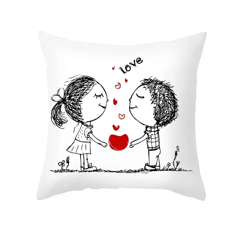 White square pillow cover with black and red love heart sketch of children exchanging heart in peah skin print