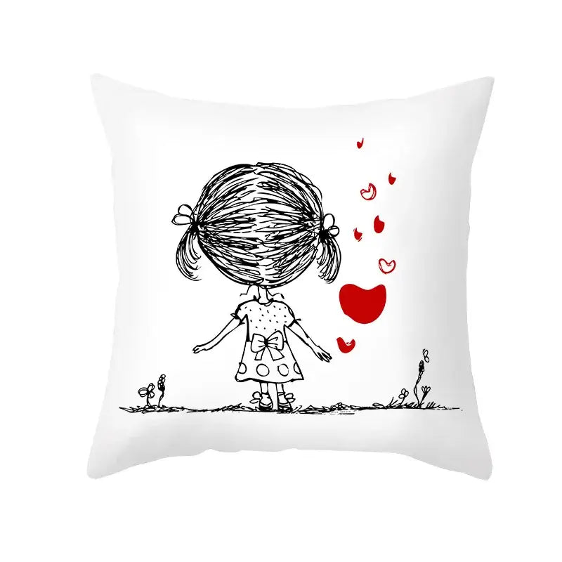White square pillow cover with black ink girl sketch and red love heart design printed on peach skin fabric