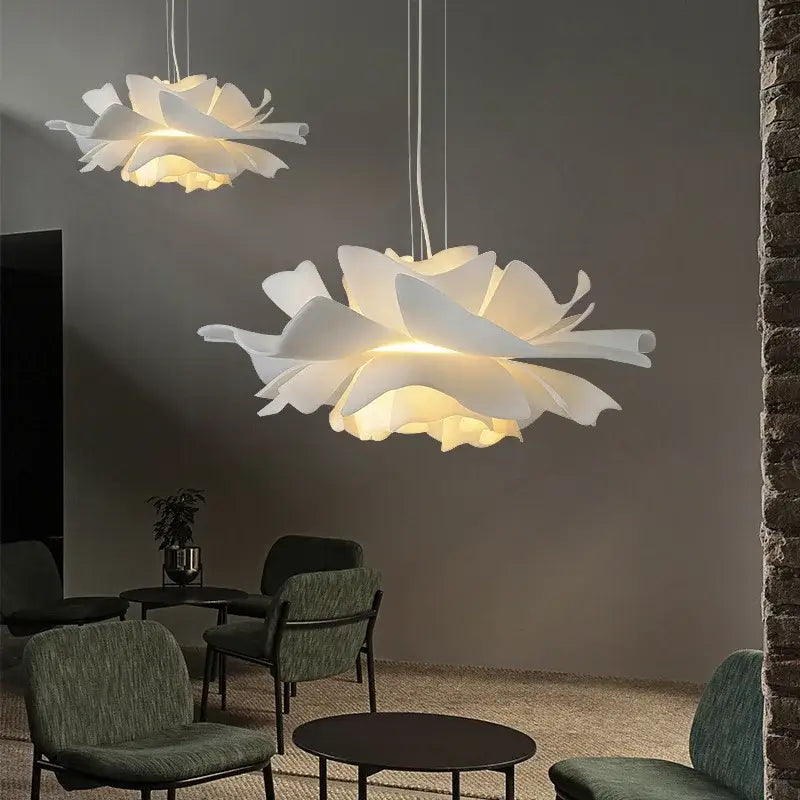 Decorbites love me not chandelier featuring simple white flower lamp pendant lights with soft glowing interiors