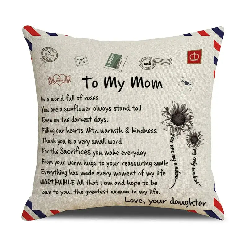 Beige linen cushion cover decorbites love mom with red white and blue striped border and vintage postage design