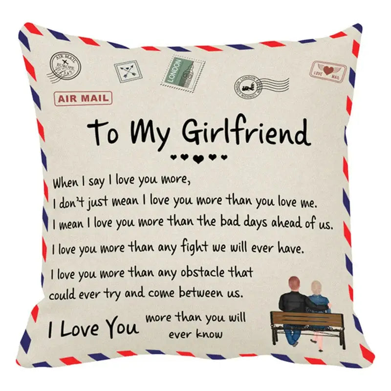 Cream-colored decorbites love mom cushion cover 45x45cm with vintage air mail design and family illustration