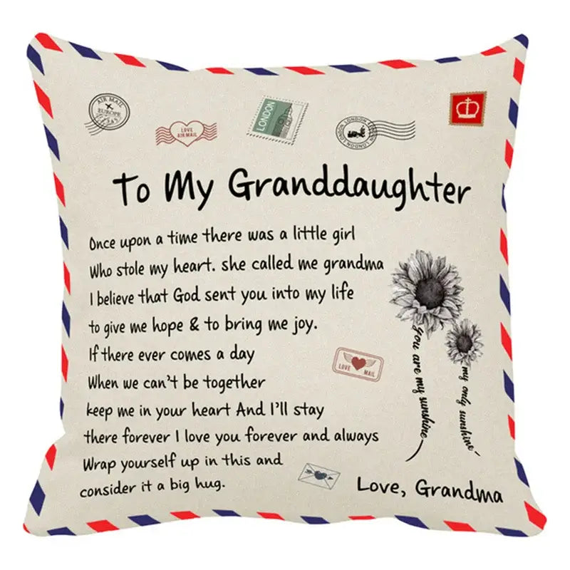 Cream-colored decorbites love mom cushion cover with vintage envelope design and affectionate message from grandma