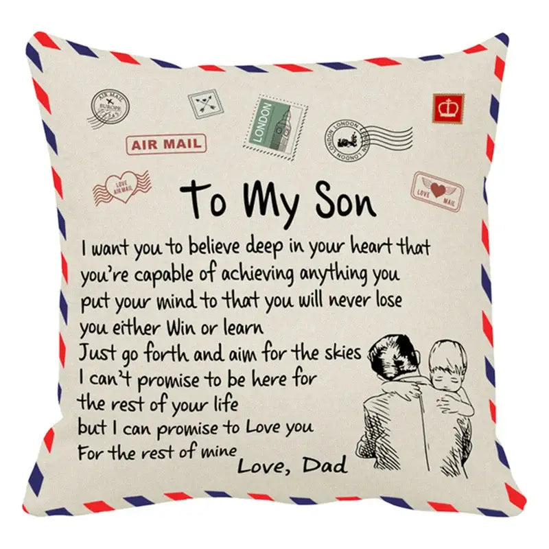 Beige cushion cover with red and blue striped border featuring a dad to son message and vintage stamps by decorbites love mom