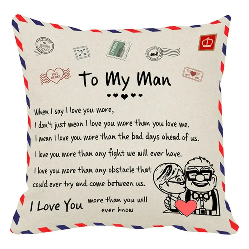 Cream-colored decorbites love mom cushion cover with vintage envelope design and cartoon characters for family anniversary gift