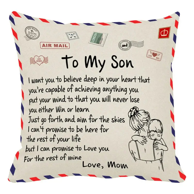 Cream-colored cushion cover with vintage air mail design and mother son illustration decorbites love mom cushion