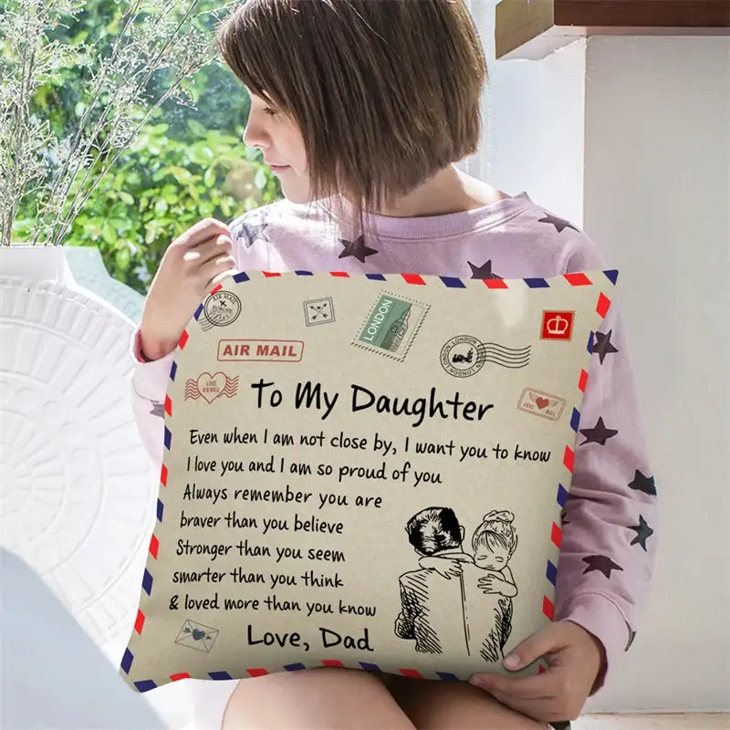 Beige cushion cover with vintage envelope design and father embracing daughter illustration decorbites love mom