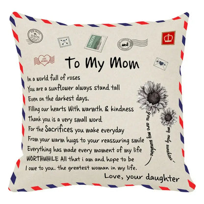Cream-colored cotton cushion cover with vintage envelope design and sunflower print for decorbites love mom gift