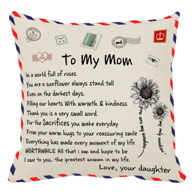 Cream-colored cotton cushion cover with vintage envelope design and sunflower print for decorbites love mom gift