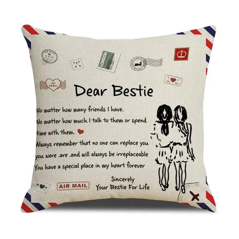 Beige linen cushion cover with vintage air mail design and dear bestie text by DecorBites love mom cushion