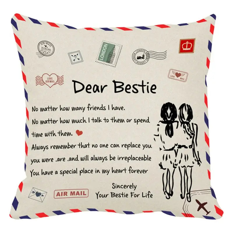 Cream-colored decorbites love mom cushion cover 45x45cm with vintage air mail design and silhouettes of two women walking