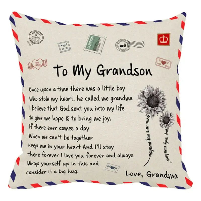 Cream-colored decorbites love mom cushion cover 45x45cm with vintage envelope design and sunflower illustrations