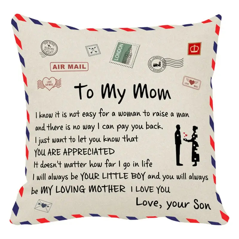 Beige cushion cover with red and blue striped border and heartfelt message decorbites love mom love mom cushion