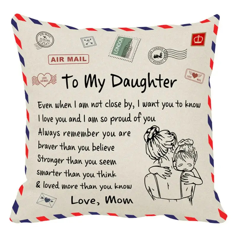 Cream-colored decorbites love mom cushion cover with vintage airmail design and mother embracing child illustration