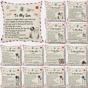 Beige cushion cover with red and black family messages and postage illustrations decorbites love mom design