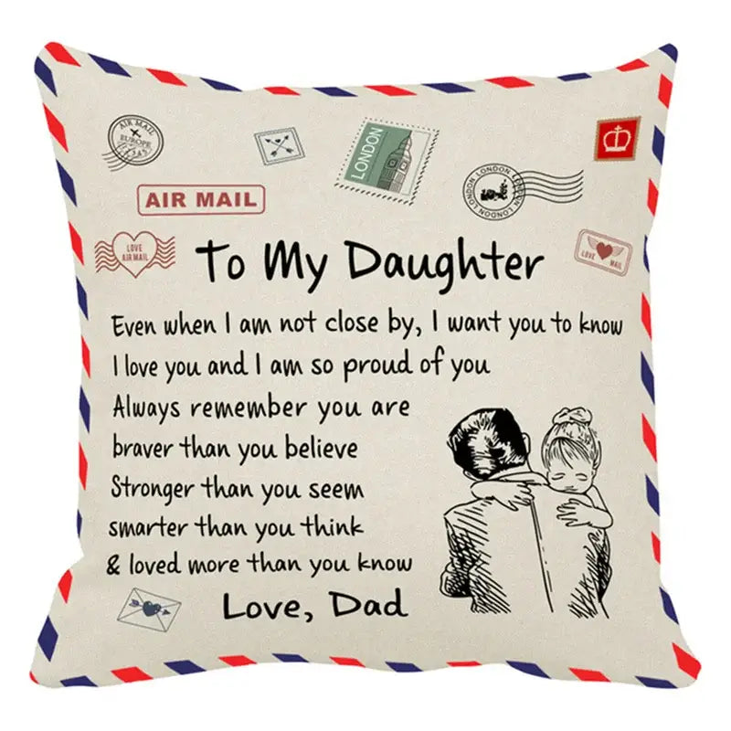 Cream-colored decorbites love mom cushion cover 45x45cm with vintage air mail design and father daughter illustrations