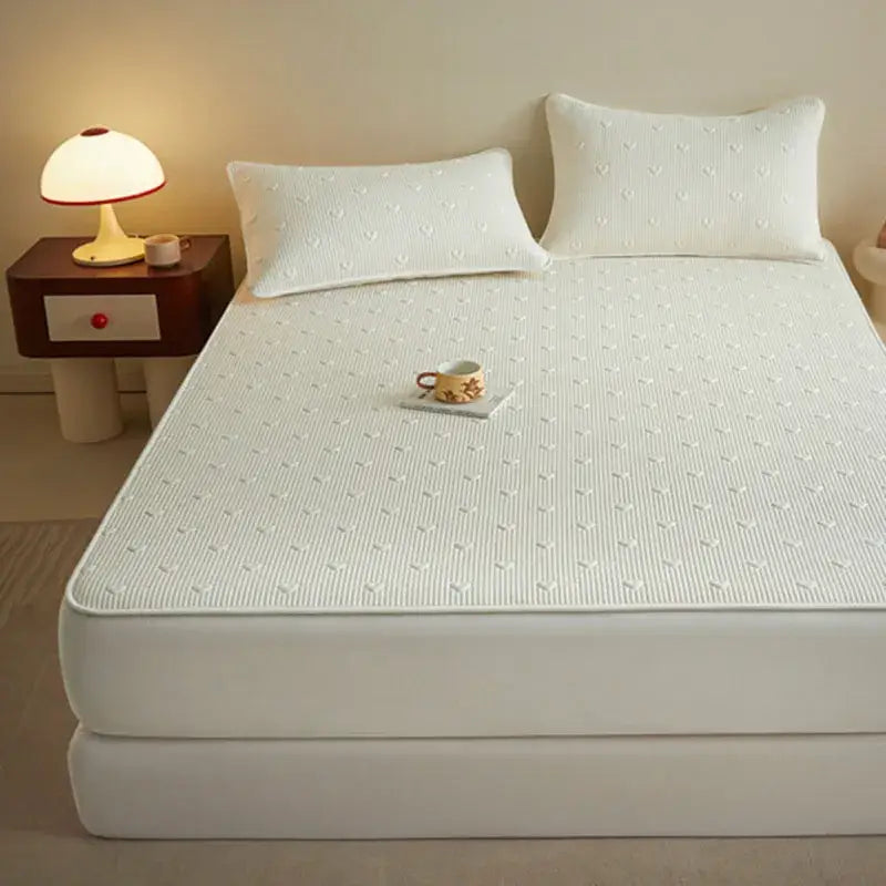 White textured mattress pad with subtle ribbed pattern paired with decorbites love pattern cotton fitted sheet single
