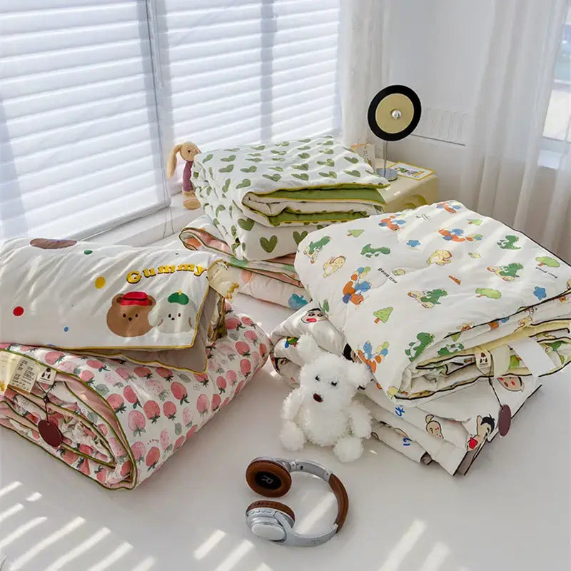 Stacks of decorbites love print soft summer quilts in cozy pastel tones with embroidered details and golden trim