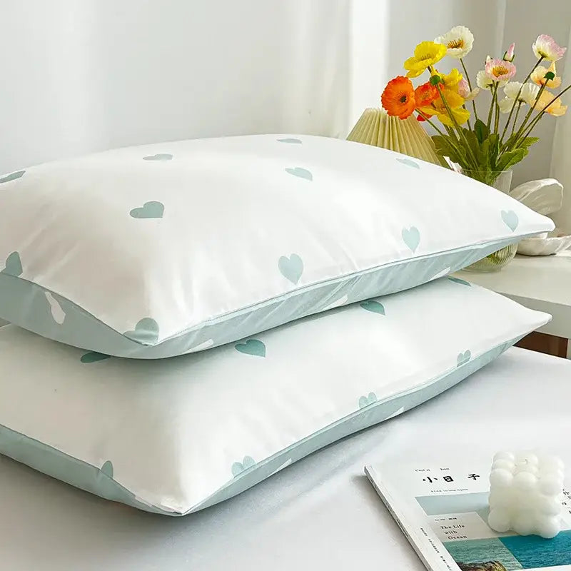 White satin decorbites love printed pillowcase set with light blue heart patterns simple style 2pcs