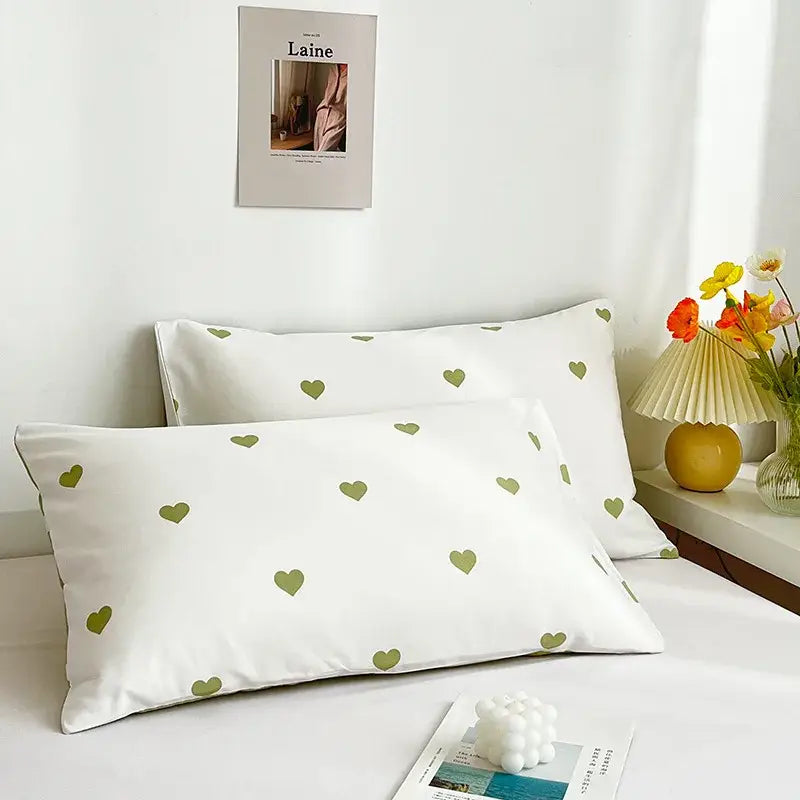 White decorbites love printed pillowcase set featuring olive green heart patterns in a simple style, 2pcs