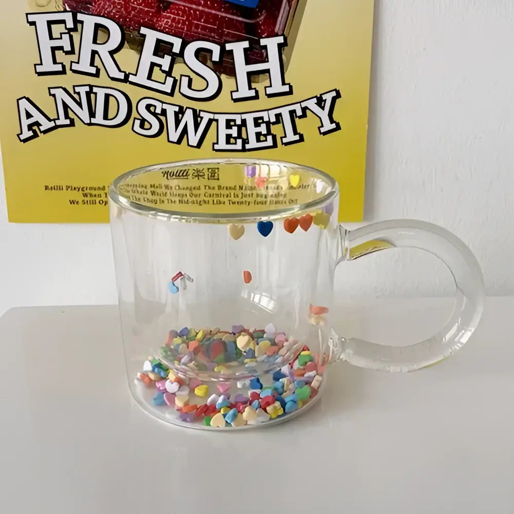 Clear glass cup with handle filled with colorful candy confetti decorbites love quicksand double bottom glass cup