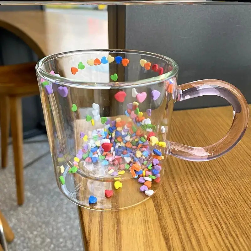 Clear glass cup filled with colorful heart-shaped confetti from decorbites love quicksand double bottom glass cup