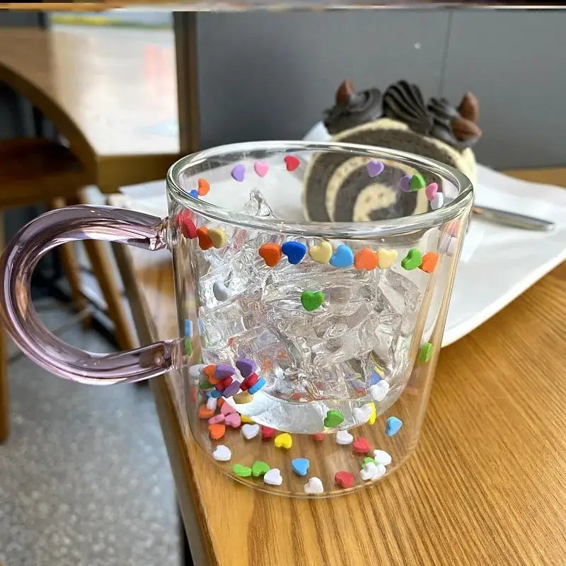 A clear glass cup with a translucent purple handle and colorful heart sprinkles by decorbites love quicksand double