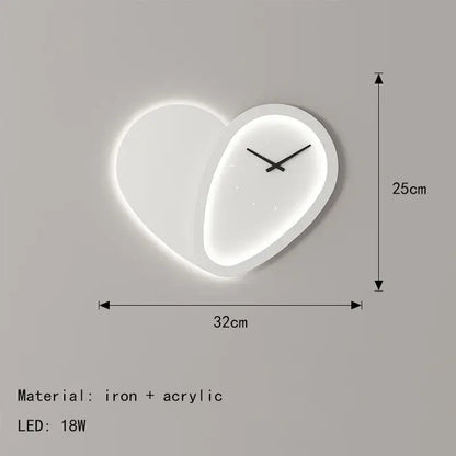 Modern white love shaped clock wall lamp by decorbites with led backlighting crafted from iron and acrylic for indoor use
