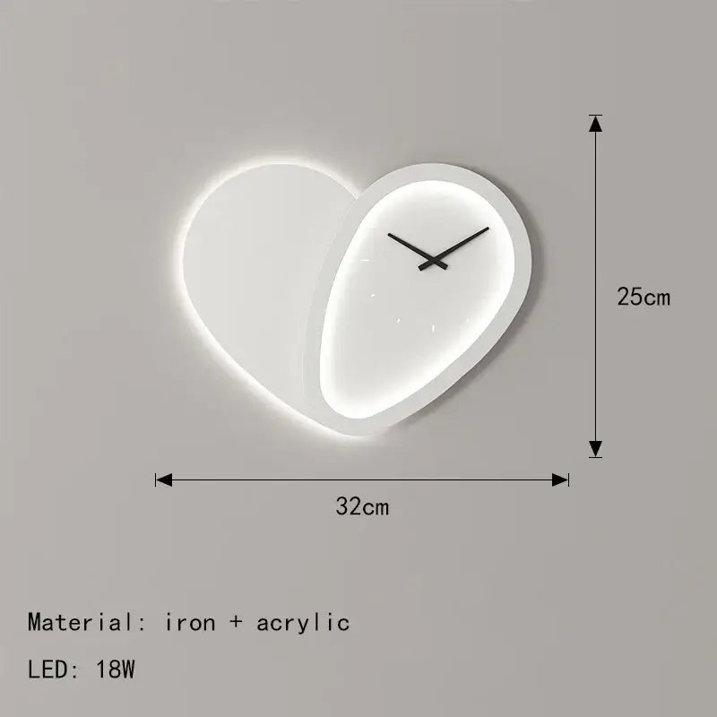 Modern white love shaped clock wall lamp by decorbites with led backlighting crafted from iron and acrylic for indoor use