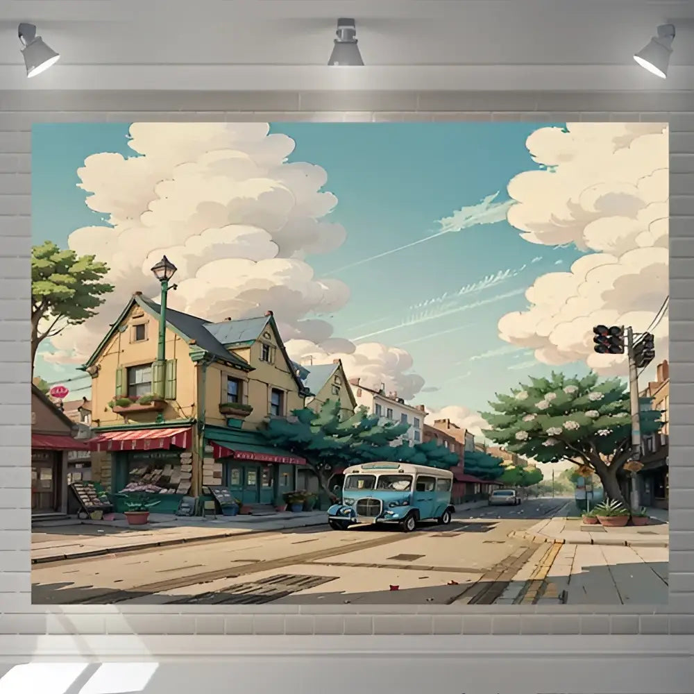 Decorbites love street vintage-style blue bus love street landscape printed on a street landscape wall hanging tapestry
