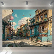 Decorbites love street vibrant cartoon style love street landscape wall tapestry with colorful buildings and hot air balloons