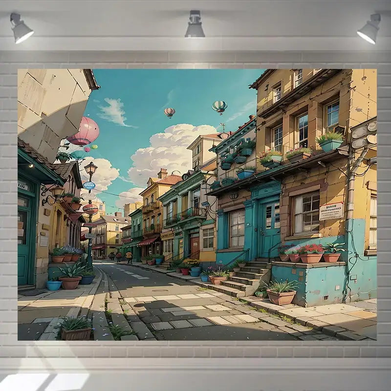 Decorbites love street vibrant cartoon style love street landscape wall tapestry with colorful buildings and hot air balloons